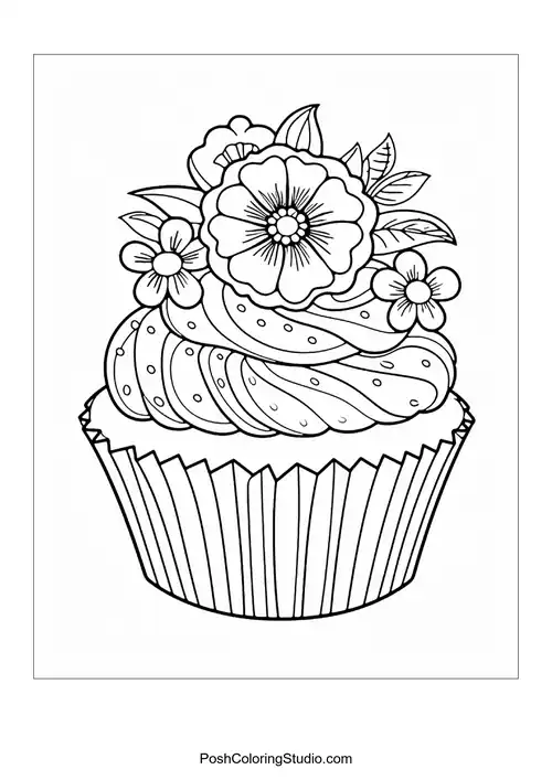 A cupcake with a flower and decorative leaves.