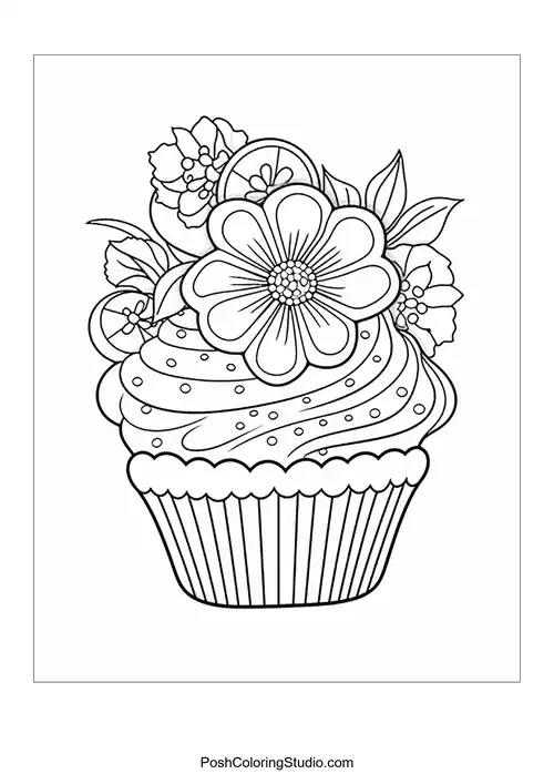 A cupcake topped with a flower and decorative leaves.