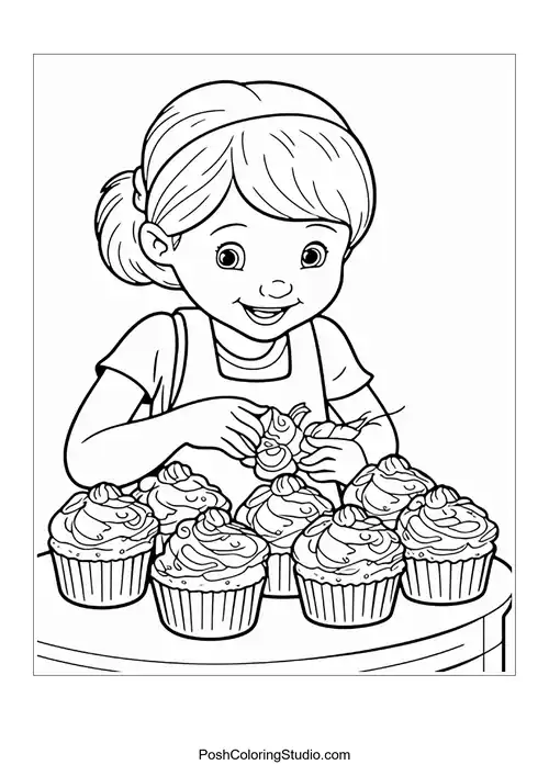 A cupcake topped with a flower and decorative leaves.