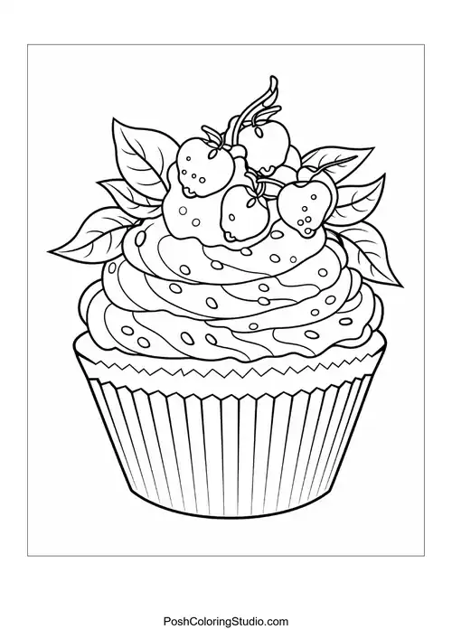 A cupcake with a flower and decorative leaves.