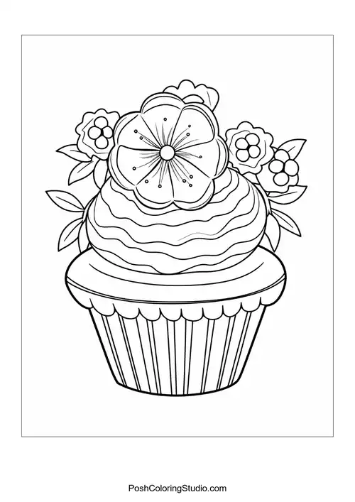 A cupcake topped with a flower and decorative leaves.
