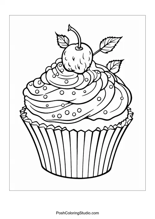 A cupcake with a flower and decorative leaves.