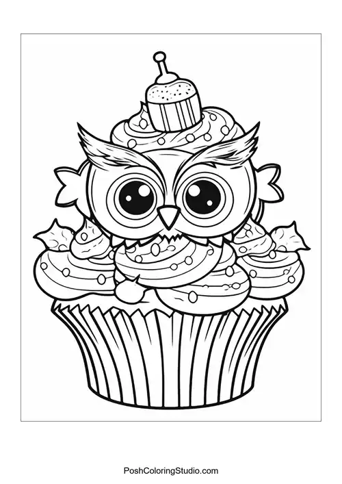 An owl-shaped cupcake with frosting and a small cupcake on top.
