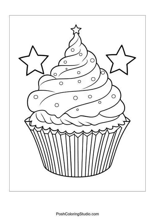 A cupcake with a flower and decorative leaves.