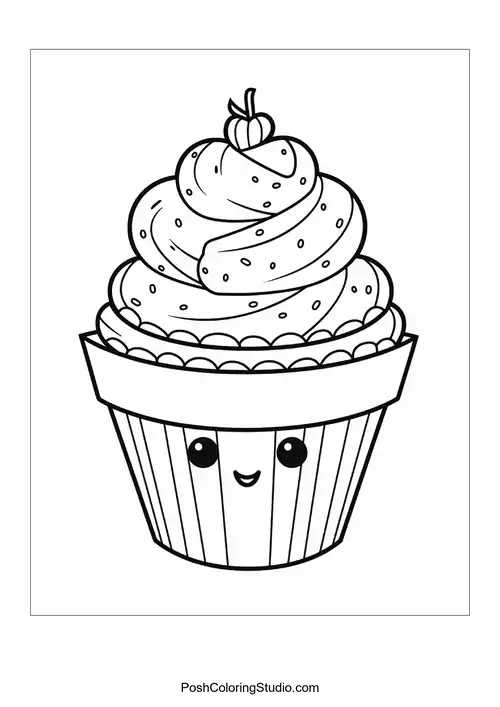A cupcake with a flower and decorative leaves.