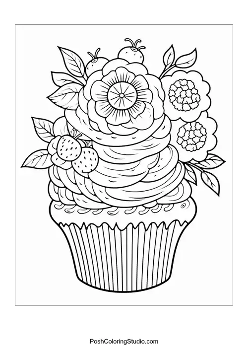 A cupcake with a flower and decorative leaves.