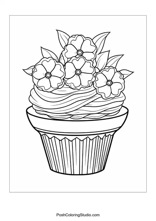 A cupcake with a flower and decorative leaves.