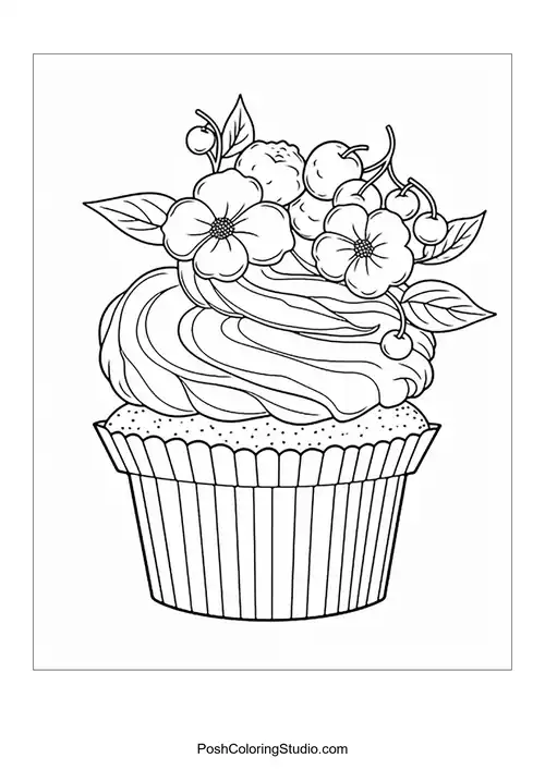 A cupcake with a flower and decorative leaves.