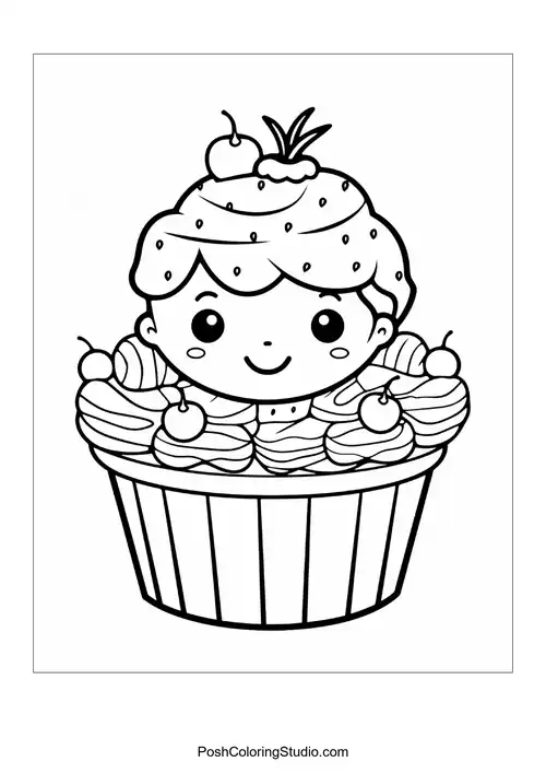 A cupcake with a flower and decorative leaves.