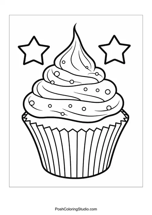 A cupcake with a flower and decorative leaves.