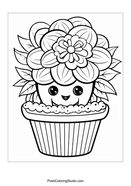 A cupcake with a flower and decorative leaves.