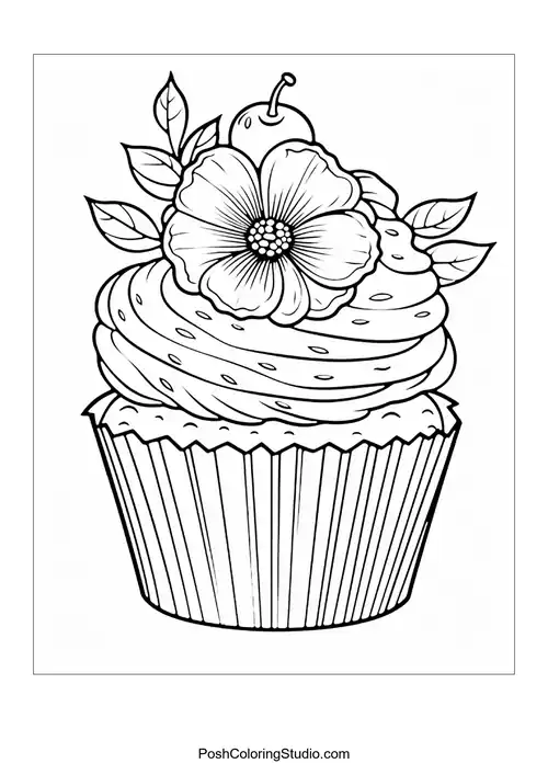 A cupcake with a flower and decorative leaves.