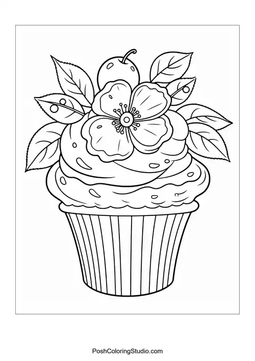 A cupcake topped with a flower and several berries.