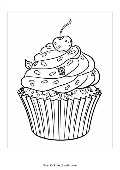 A cupcake topped with swirls of frosting and a cherry.