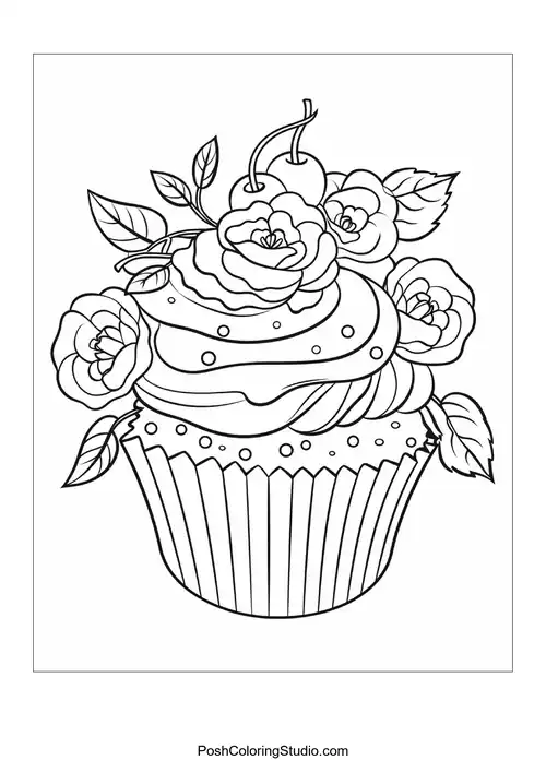 A cupcake with roses and a swirl of frosting.