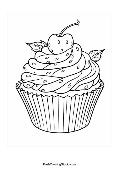 A cupcake topped with a cherry and decorative leaves.
