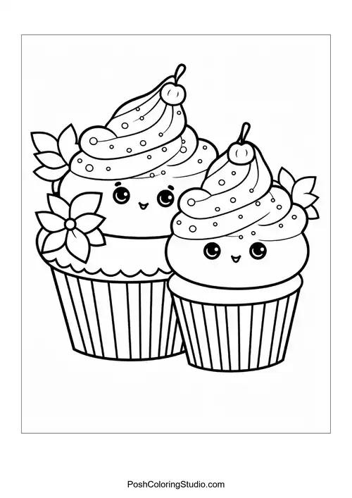 Two cute cupcakes with smiling faces and sprinkles.