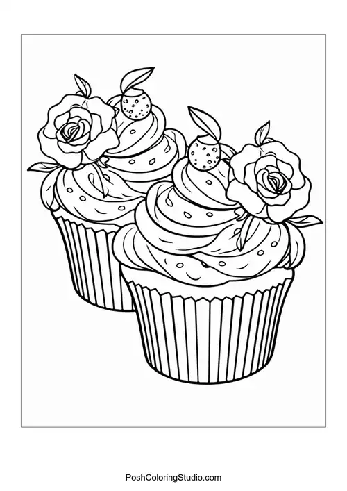 Two cupcakes adorned with roses and sprinkles.