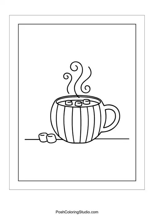 A mug of hot cocoa with marshmallows and decorative elements.