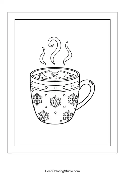 A mug of hot cocoa with steam and marshmallows.