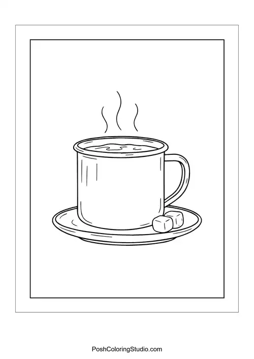 A cozy mug of hot cocoa with marshmallows and steam.