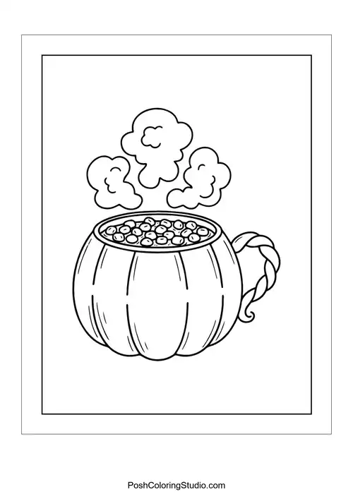 A pumpkin-shaped mug filled with hot cocoa and steam rising.