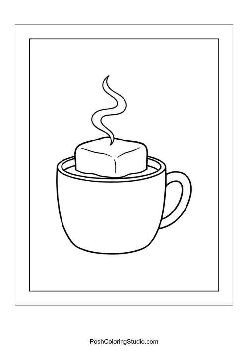 A cup of hot cocoa with a large marshmallow on top.