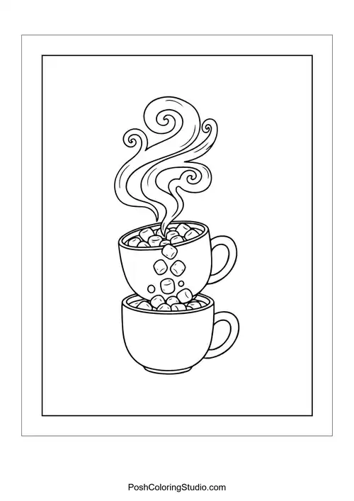 A polka-dotted mug of hot cocoa with steam.
