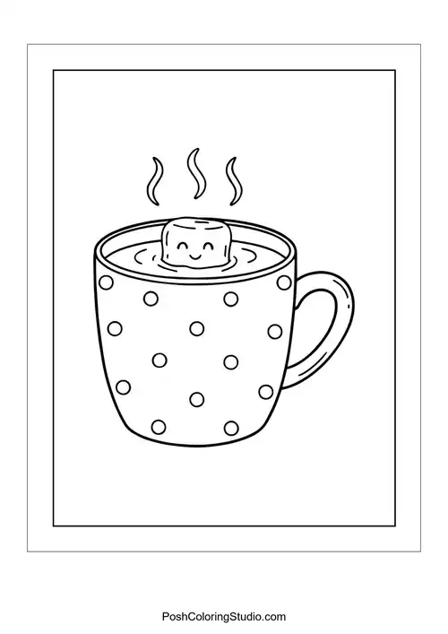 A cup of hot cocoa with a sugar cube on a plate.