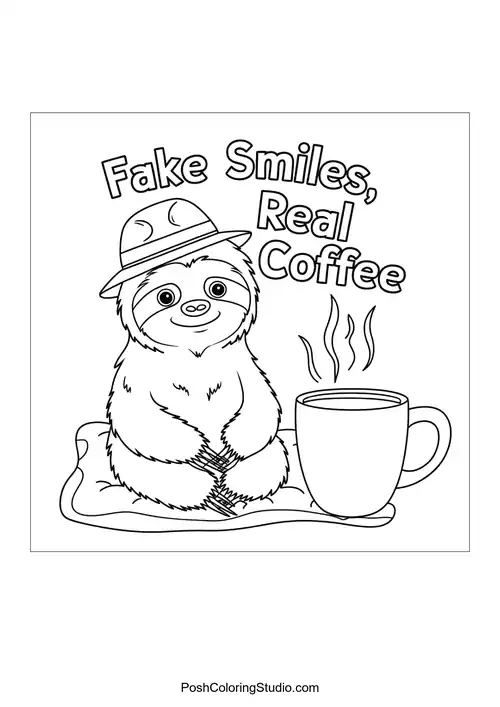 A sloth with a coffee cup saying 'FAKE SMILES, REAL COFFEE'.