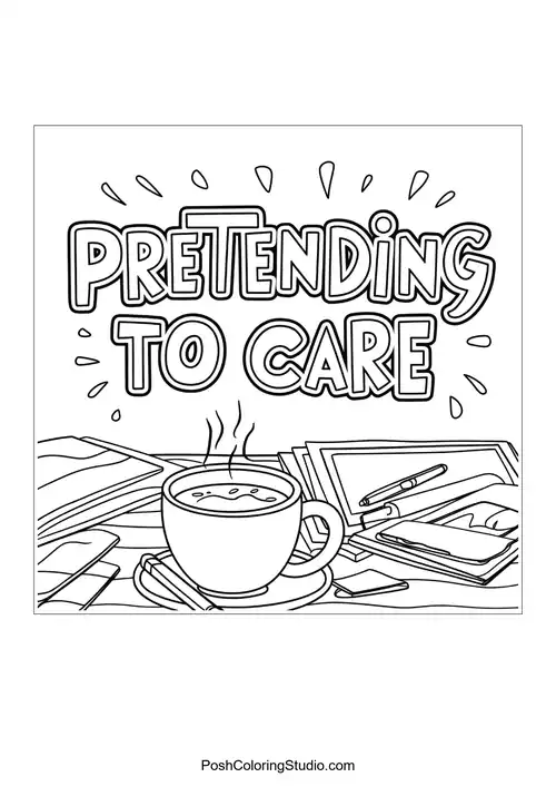 Text 'PRETENDING TO CARE' with a coffee cup and papers.