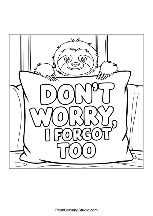 A sloth holding a pillow saying 'DON'T WORRY, I FORGOT TOO'.