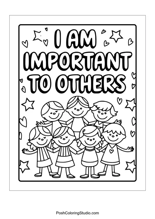 A group of children with the phrase 'I am important to others.'.