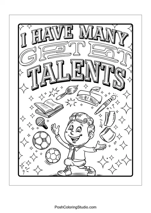 A boy juggling various items with the phrase 'I have many great talents.'.