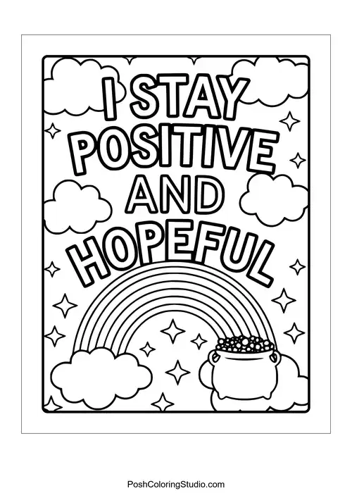 A rainbow with a pot of gold and the phrase 'I stay positive and hopeful.'.