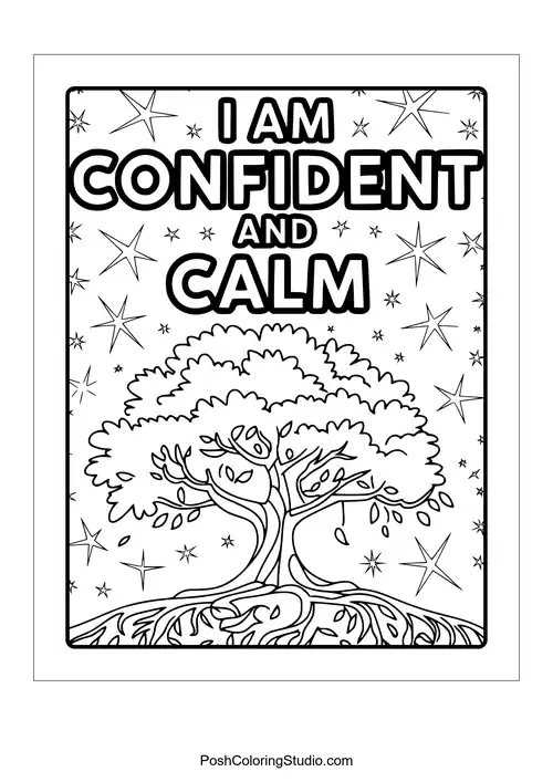 A tree with swirling branches and the phrase 'I am confident and calm.'.