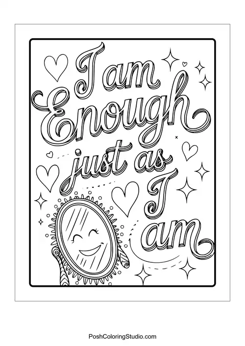 A smiling mirror with the phrase 'I am enough just as I am.'.