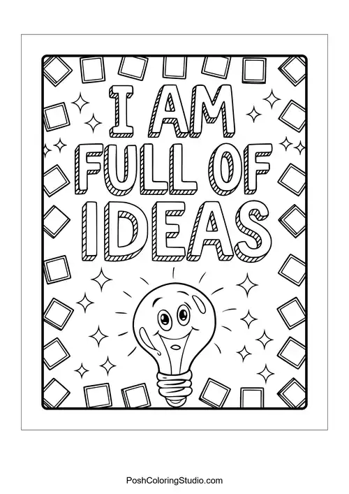 A light bulb with the phrase 'I am full of ideas.'.