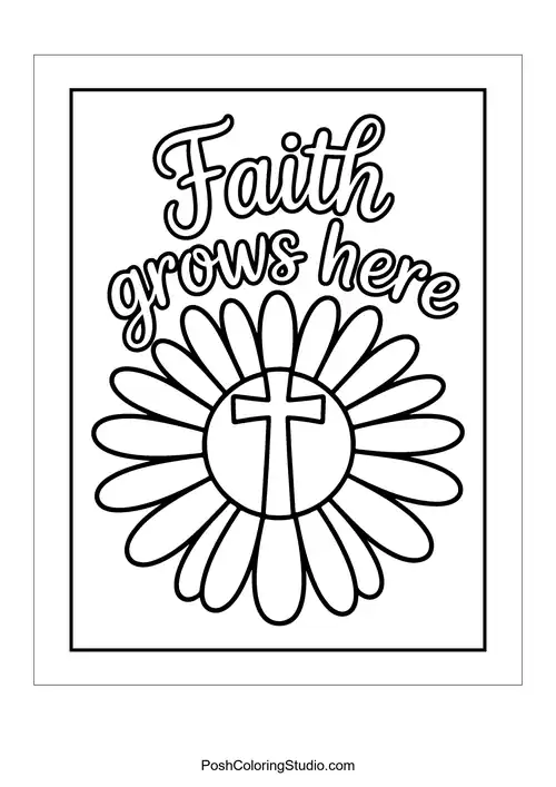 A daisy with a cross in the center and 'Faith grows here.'.