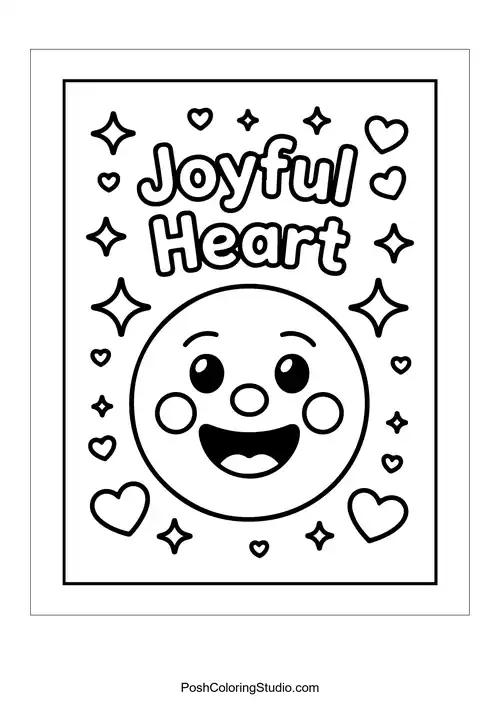 A smiling face surrounded by stars and hearts, stating 'Joyful Heart.'.