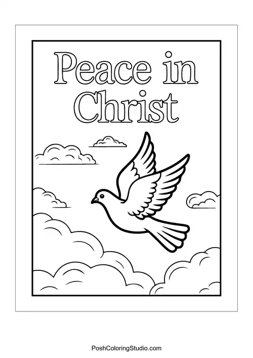 A dove flying among clouds with 'Peace in Christ.'.