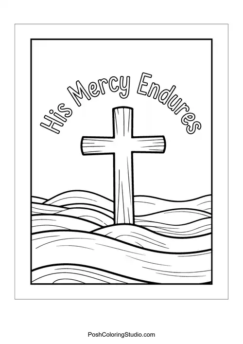 A cross on waves with the phrase 'His Mercy Endures.'.