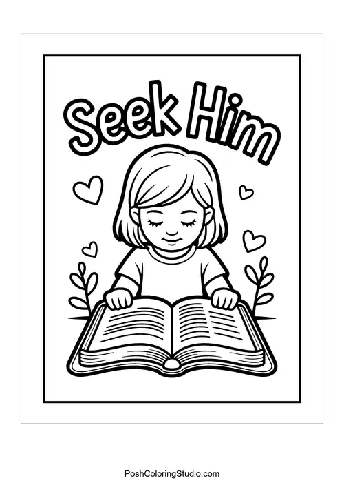 A child reading a book with 'Seek Him.'.