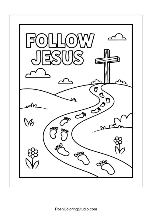Footprints on a path with a cross and 'Follow Jesus.'.