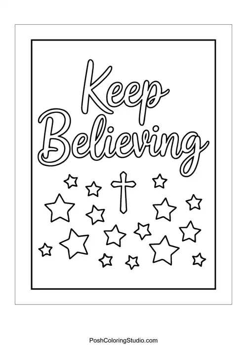 Stars and a cross accompany the phrase 'Keep Believing.'.