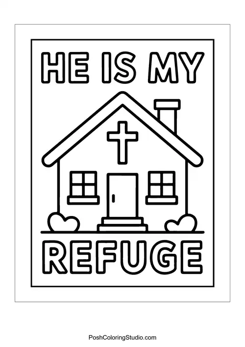 A house with a cross and 'He is My Refuge.'.