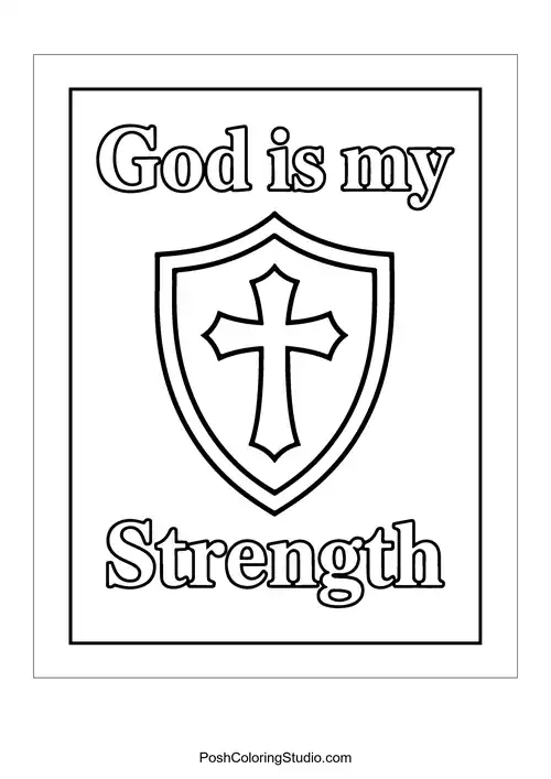 A shield with a cross and 'God is my Strength.'.