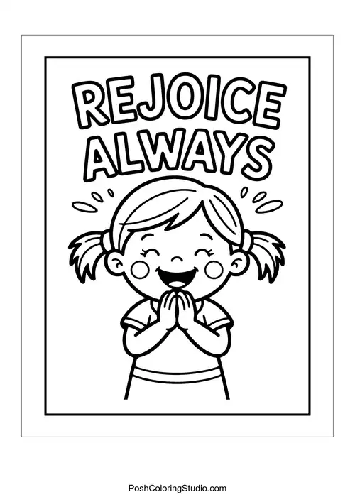 A smiling child with 'Rejoice Always.'.
