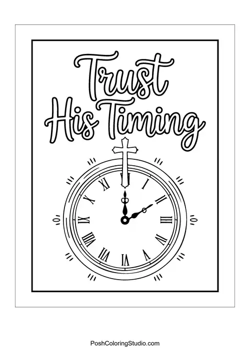 A clock with a cross and 'Trust His Timing.'.