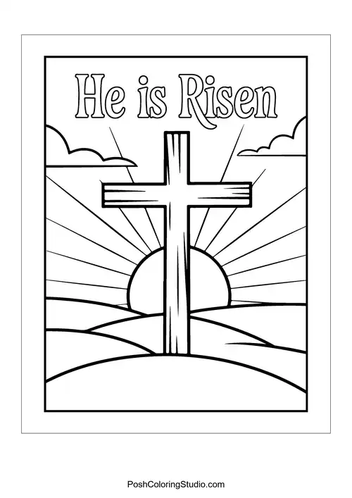 A cross with rays and 'He is Risen.'.